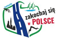 Logo Stowarzyszenie "Zakochaj się w Polsce", grafika przedstawia obrys maoy Polski z napisem zakochaj sie w Polsce 