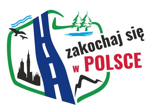 Logo Stowarzyszenie "Zakochaj się w Polsce", grafika przedstawia obrys maoy Polski z napisem zakochaj sie w Polsce 
