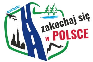 Grafika w pormie mapy Polski z drogą i napisem  zakochaj sie w Polsce. 